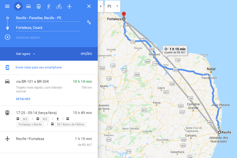 Distância Recife a Fortaleza