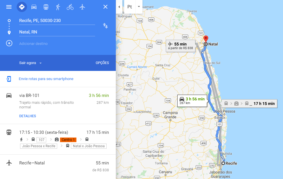 Distância Recife a Natal